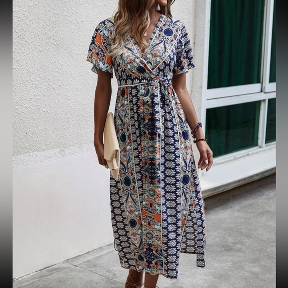 Boho Floral Paisley Print Side Silt Cottagecore Dress Navy Blue - Picture 2 of 12